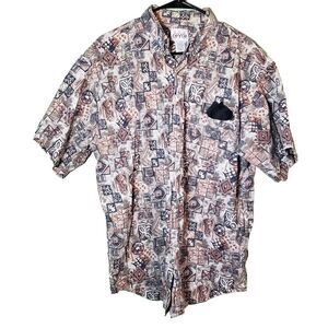 Red Eye Hawaiian Casual Button‎ Up Pocket Brown Print Mens L Shirt